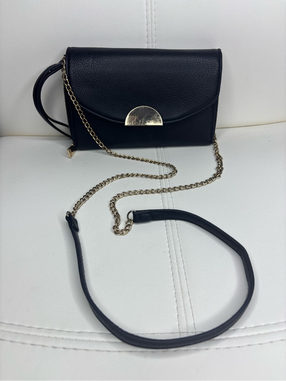 Black Faux Leather Crossbody Bag with Gold Accents